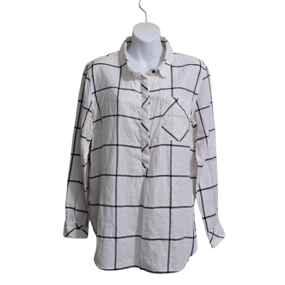 Athleta Presidio 3/4 Button Window Pane Tunic Blouse Sz MP